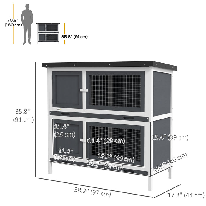Pawhut Rabbit Hutch, Wooden 2 Tier Bunny Guinea Pig Cage With Openable Top, Slide-out Tray, Ramp, Asphalt Roof, For 2 Rabbits Outdoor Backyard Use, Grey