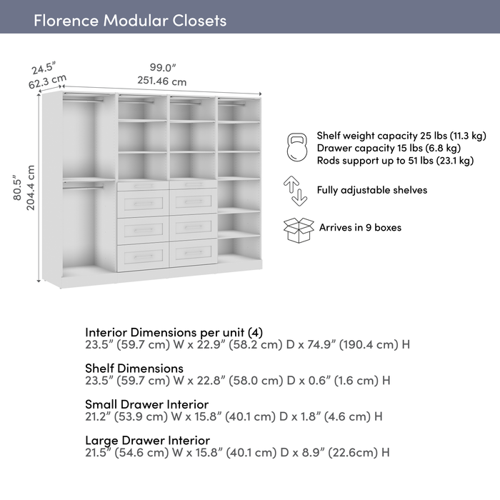 Bestar Florence 100\" Modular Reach-In/Walk-In Closet System with LED Lights, Rods, Shelves and Drawers Shaker Style - White