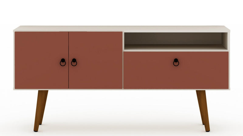 Manhattan Comfort Tribeca 53.94\" Mid-Century Modern TV Stand with Solid Wood Legs - Off White & Terra Orange Pink