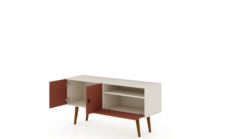 Manhattan Comfort Tribeca 53.94\" Mid-Century Modern TV Stand with Solid Wood Legs - Off White & Terra Orange Pink