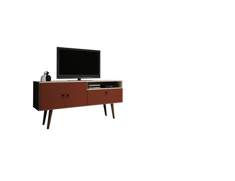 Manhattan Comfort Tribeca 53.94\" Mid-Century Modern TV Stand with Solid Wood Legs - Off White & Terra Orange Pink