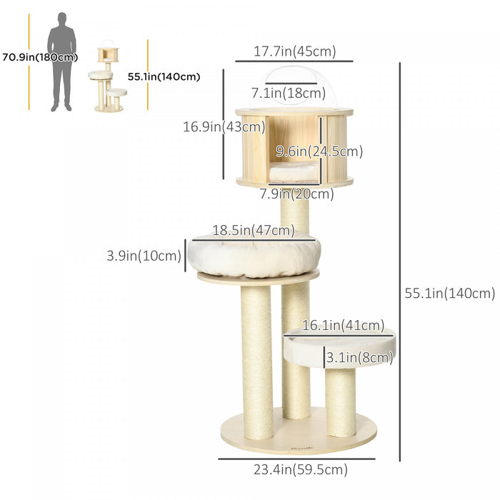 Pawhut 55\" Cat Tree, Wood Cat Tower For Indoor Cats With Scratching Post, Condo Bed, Natural