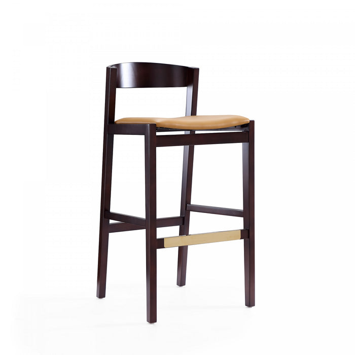 Klismos Mid-Century Modern Wood Upholstered Barstool in Camel - Set of 3