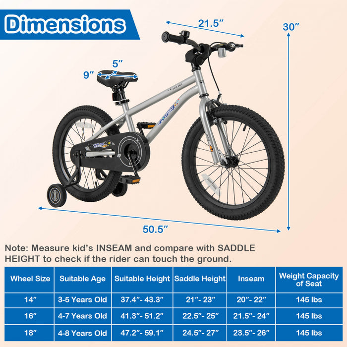 Costway 18-inch Kid's Bike For 4-8 Years Old With Adjustable Saddle & Anti-slip Handlebar Silver