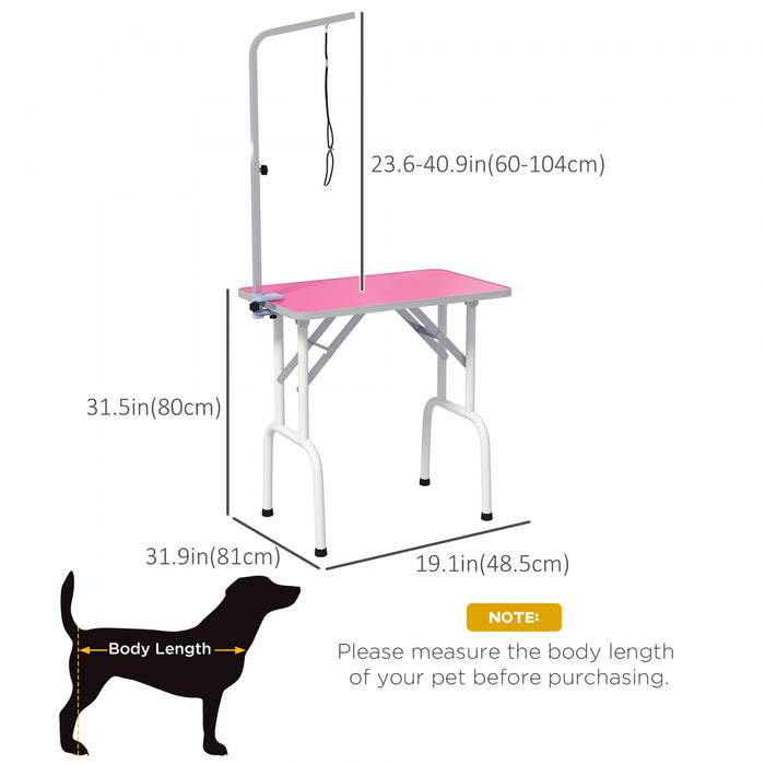 Pawhut 32in Foldable Dog Grooming Table For Small Dogs, Pet Grooming Table For Dogs Cats With Adjustable Arm, Non-slip Surface, Pink