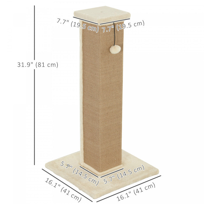 Pawhut 32\" Tall Cat Scratching Post For Indoor Cats And Kittens, Vertical Claw Scratcher, Sisal Cat Scratcher With Hanging Ball And Soft Plush, Beige