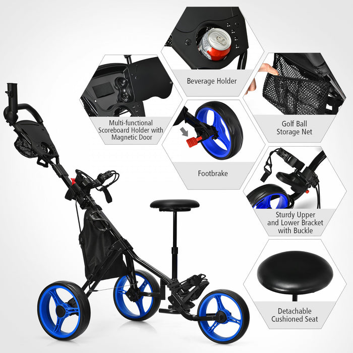 Goplus Folding 3 Wheels Golf Push Cart W/seat Scoreboard Adjustable Handle Blue