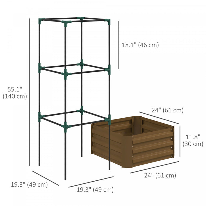 Outsunny Galvanized Raised Garden Bed With 3-tier Trellis Tomato Cage Brown