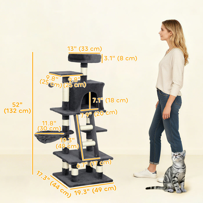 PawHut Cat Tree, Cat Tower for Indoor Cats with Sisal Scratching Post, Cat Condo, Hammock, Bed, Ladder, Platforms, Toy Balls for Kittens, Dark Grey