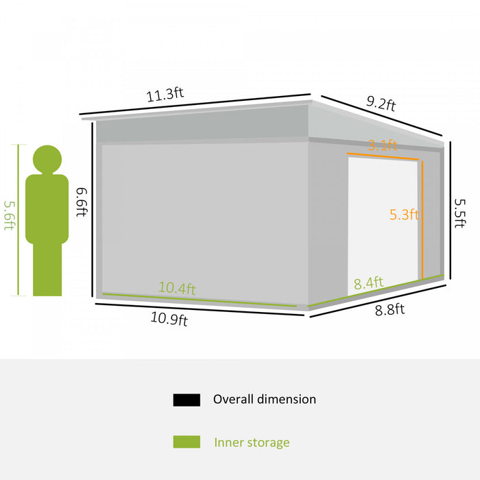 Outsunny 11.3' X 9.2' Steel Garden Storage Shed, Outdoor Metal Tool House With Double Sliding Doors & 2 Air Vents, Grey