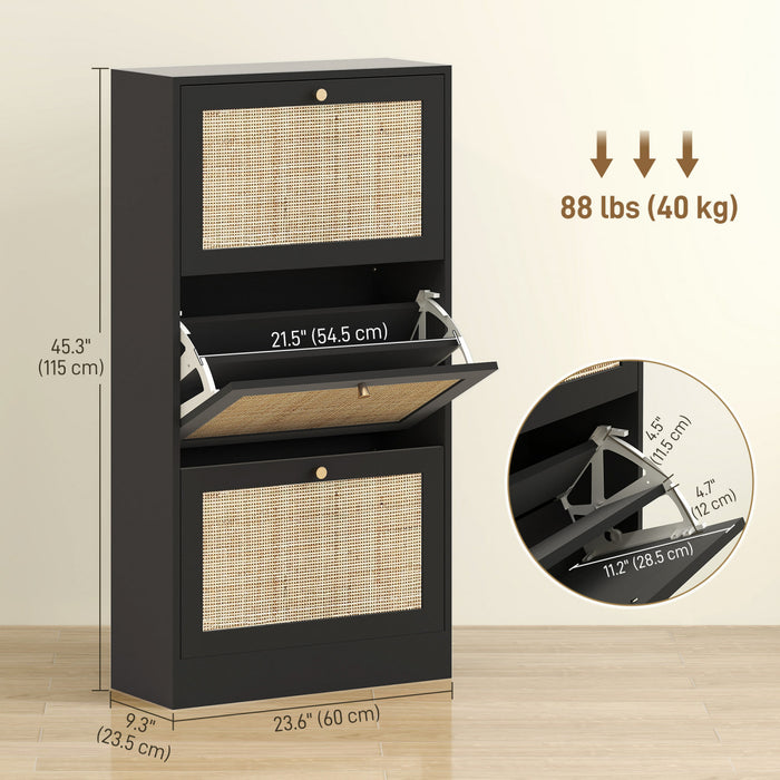 HOMCOM Rattan Shoe Storage Cabinet Organizer with 3 Flip Drawers