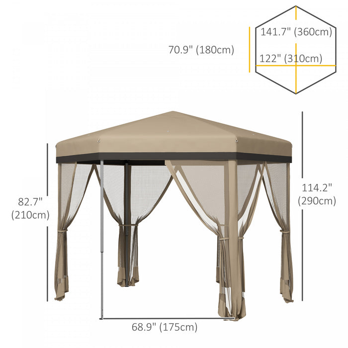 Outsunny 12x12 Pop Up Canopy Tent, Hexagon Gazebo With Mosquito Netting, Carry Bag, Stakes, Ropes, Height Adjustable Instant Sun Shelter For Outdoor, Garden, Patio, Khaki