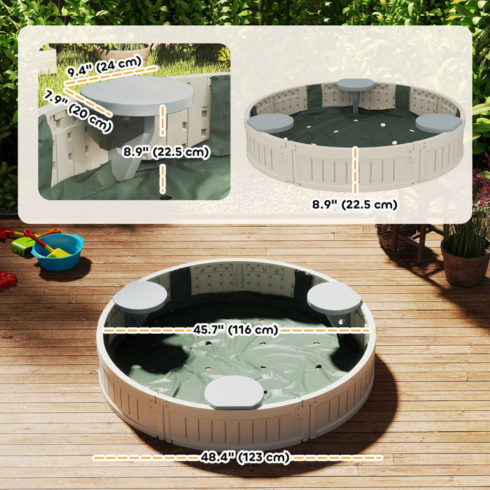 Outsunny Kids Sandbox With Cover, Sandbox Outdoor With Corner Seat, Easy Assembly, Play Sand Station For Backyard, Garden, 48.4\" X 48.4\" X 8.9\", Cream White