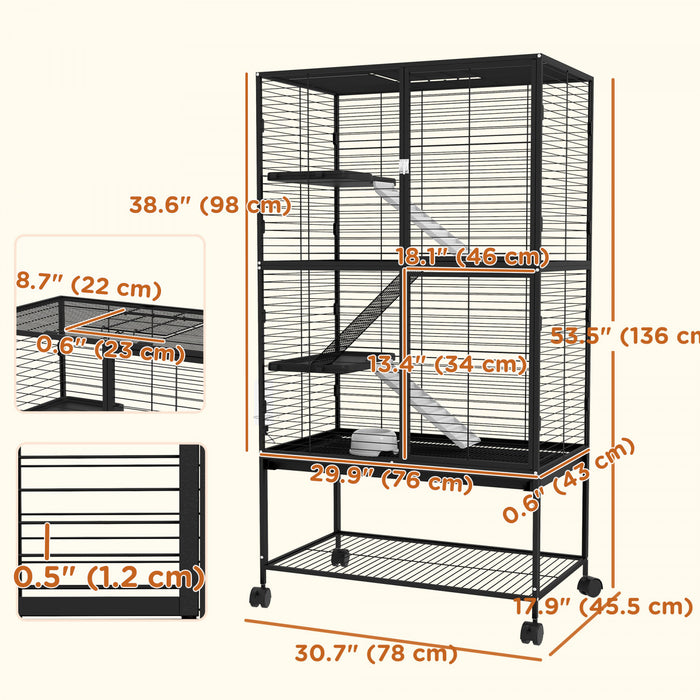 PawHut Guinea Pig Ferret Chinchilla Cage with Wheels, Pet Playpen for Rat, Kitten with Bottom Storage Shelf, Removable Tray, Ramp, 31\" x 18\" x 54\", Black