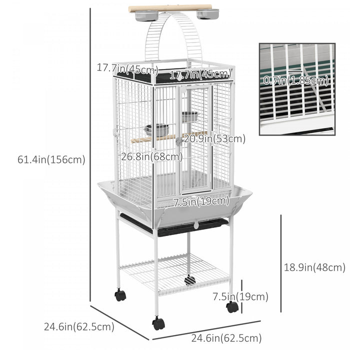 Pawhut 61.5 Inch Bird Cage Parakeet House For Cockatiel With Stand, Pull Out Tray, Play Top, Storage Shelf, Wood Perch, Food Container, White