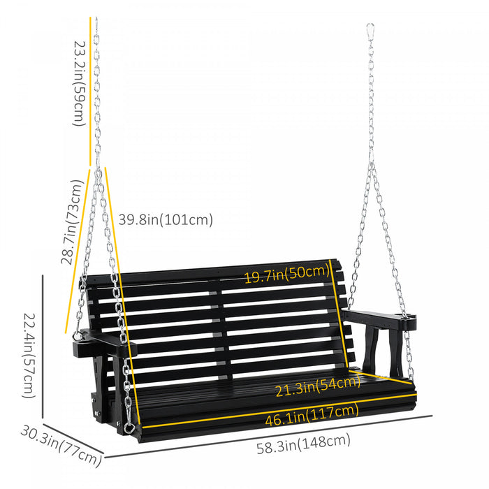 Outsunny 2 Seater Porch Swing Wooden Patio Swing Chair Seat With Cup Holder And Chains Outdoor Swing Bench For Garden Yard, Black