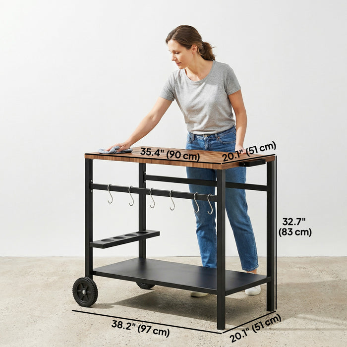 Outsunny Outdoor Grill Cart, BBQ Stand with 2-Tier Pizza Oven Stand, Beverage Holder, Hooks, Movable Food Prep Table on Wheels, Black and Brown