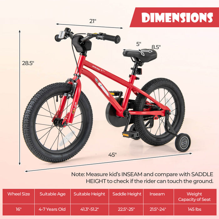 Costway 16-inch Kid's Bike For 4-7 Years Old With Adjustable Saddle & Anti-slip Handlebar Red