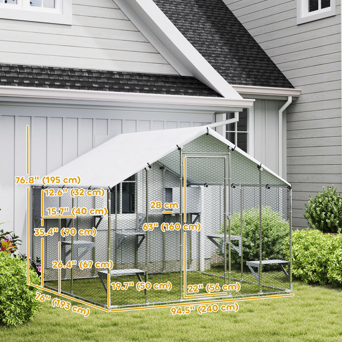 Pawhut 94.5\" Extra Large Catio Outdoor Cat Enclosure, Walk In Cat Cage With Waterproof Cover, 2 Resting Boxes, 7 Platforms, Metal Chicken Run Hen House Rabbit Hutch For Outside