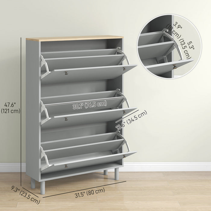 HOMCOM Shoe Cabinet with 3 Flip Drawers for 24 Pairs of Shoes, Grey