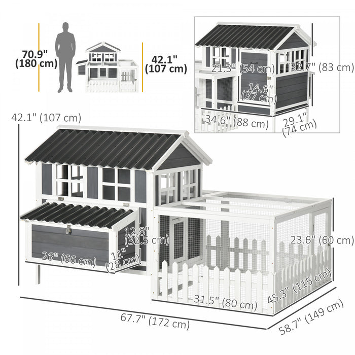 Pawhut Wooden Chicken Coop, Outdoor Rabbit Hutch With Run, Tray, Nesting Box, Removable Tray, Fence For 3-4 Chicken, Bunnies, Ducks, Charcoal Grey