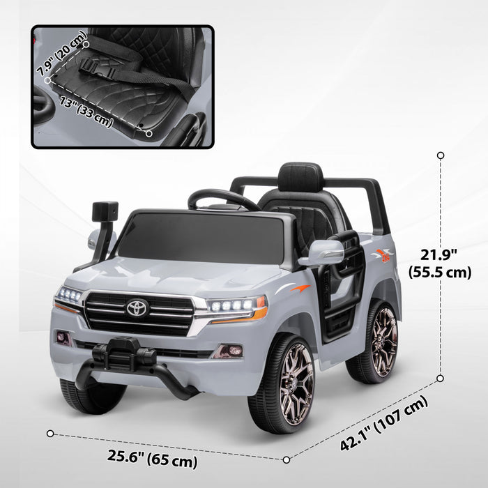 Qaba 12v Electric Powered Ride-On Car For Kids, Toyota Land Cruiser Licensed Kids Car With Parent Remote Control, Four Wheel Spring Suspension, Soft Start, Led Light, Music, Horn, Grey