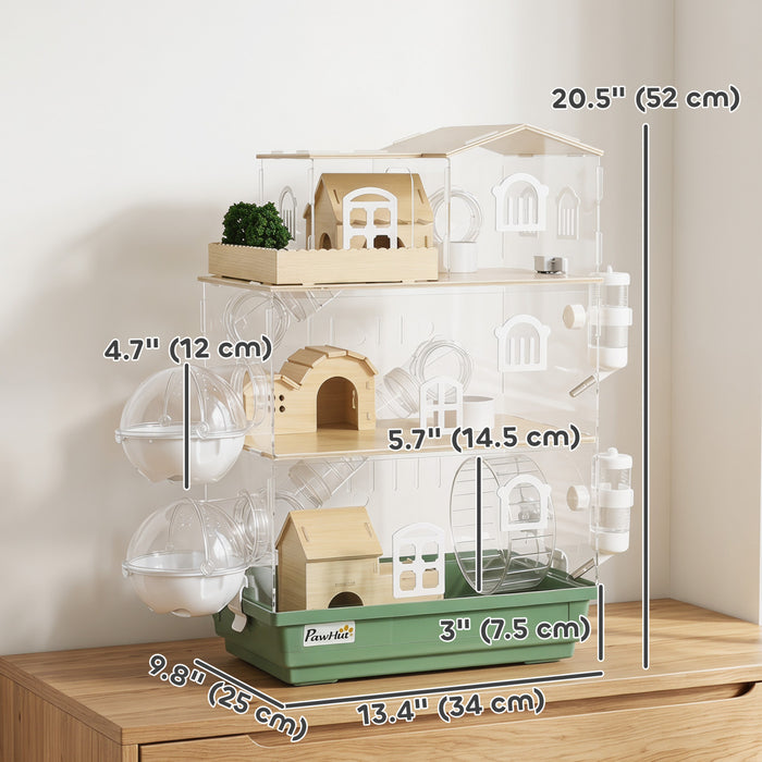 PawHut Large Hamster Cage, 3 Tiers Acrylic Hamster Habitat with Water Bottles, Dishes, Running Wheel and External Bathrooms for Pet Mice, Dwarf Hamster, 13.4\" L x 9.8\" W x 20.5\" H