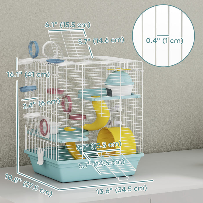 PawHut Hamster Cage, 3-Level Small Animal House with Excerise Wheel, Food Bowl, Water Bottle, House, Tunnels, Ramps, Gerbil Cage for Dwarf Hamster, 14\" x 11\" x 16\", Blue