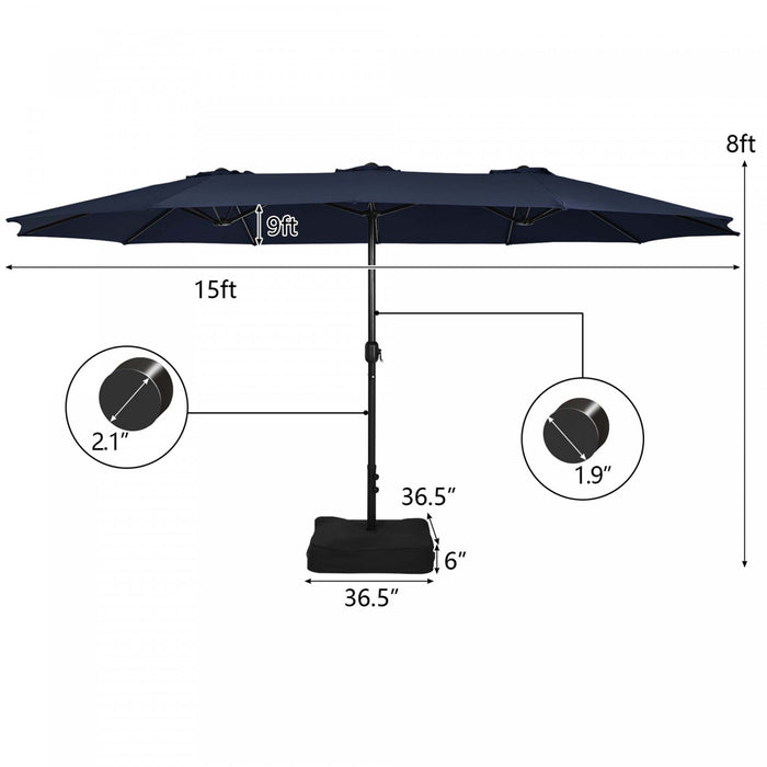 Costway 15FT Double-Sided Twin Patio Umbrella Sun Shade Outdoor Crank Market Base Navy