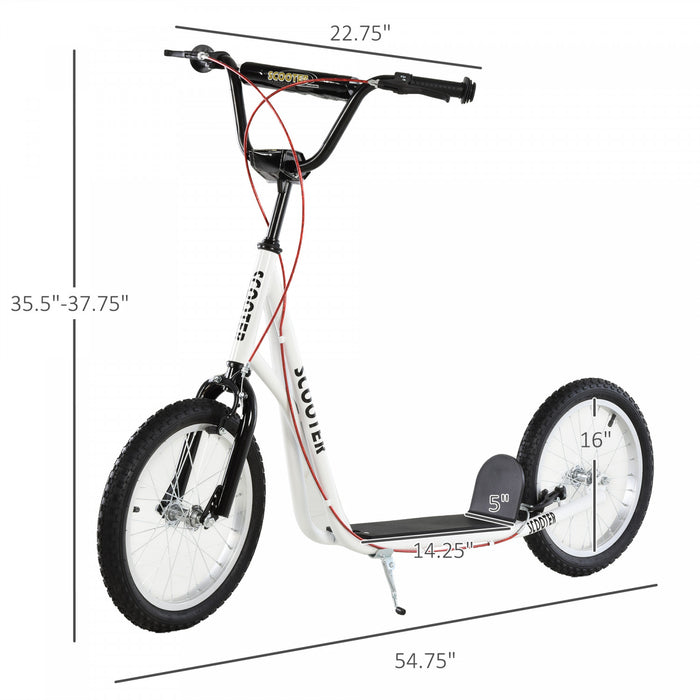 Aosom Youth Scooter Street Kick Scooter For Teens Kids Ride On Toy W/ 16'' Inflatable Wheel Dual Brakes For 5+ Year Old White