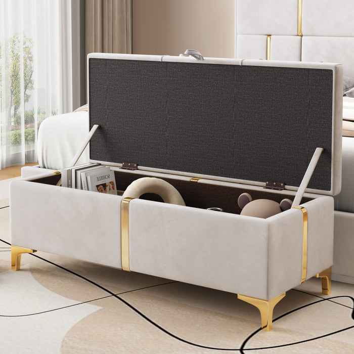 Tony Soft Velvet Upholstered Storage Ottoman Bench With Metal Legs,beige