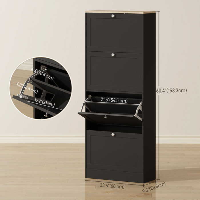 HOMCOM Shoe Cabinet with 4 Flip Drawers and Adjustable Shelves, Black