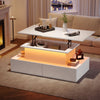 Ethan Lift-Top Coffee Table with LED Lighting and Storage Drawers,White | Ethan table basse relevable – table avec eclairage LED et tiroirs de rangement, blanc