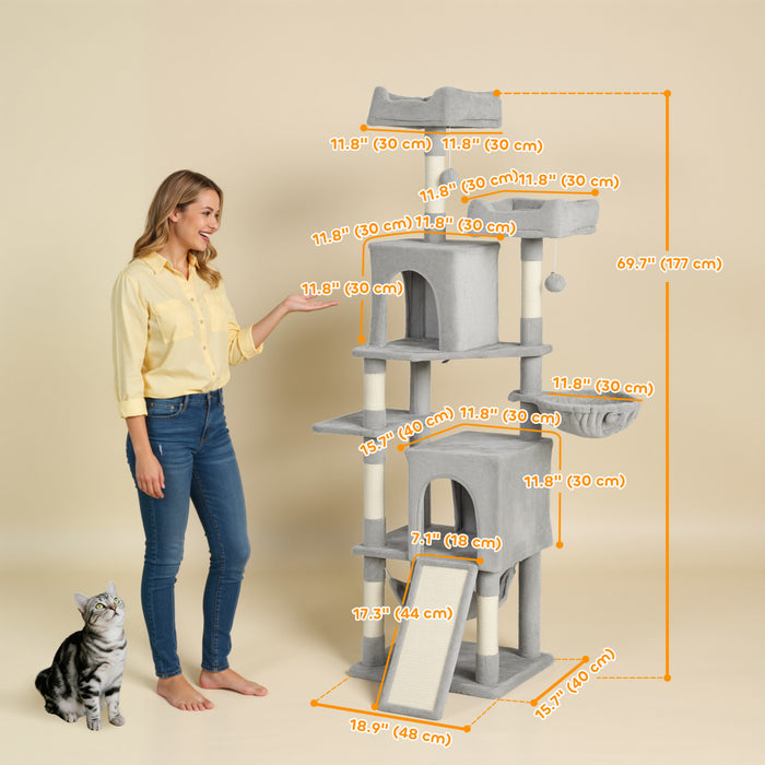 PawHut Cat Tree, 70\" Multi-Level Cat Tower for Indoor with 2 Condos, 2 Plush Top Perches, Hammock, Platforms, Toy Balls, Sisal Scratching Posts and Board, Light Grey