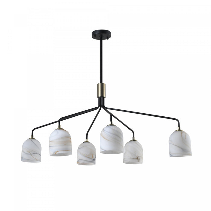 Crema 6 Light Chandelier, Black, Brushed Brass With Alabaster Style Glass