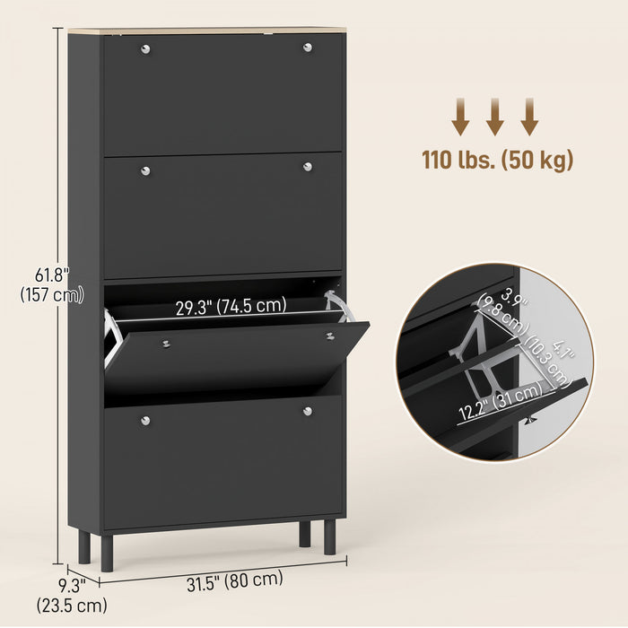 HOMCOM Shoe Cabinet with 4 Flip Drawers, Narrow Shoe Storage Cabinet, Black