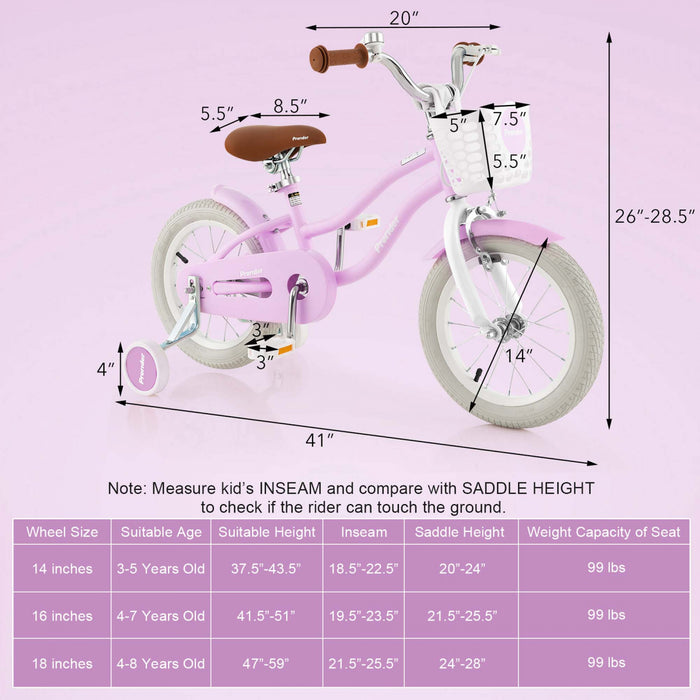 Costway 14\" Kid's Bike With Removable Training Wheels & Basket For 3-5 Years Old Purple