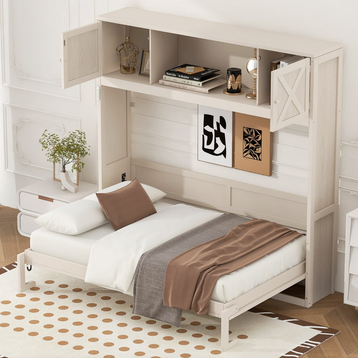 Ethan Solid Wood Murphy Bed with Storage Cabinets,Queen Size,Beige Queen Bed