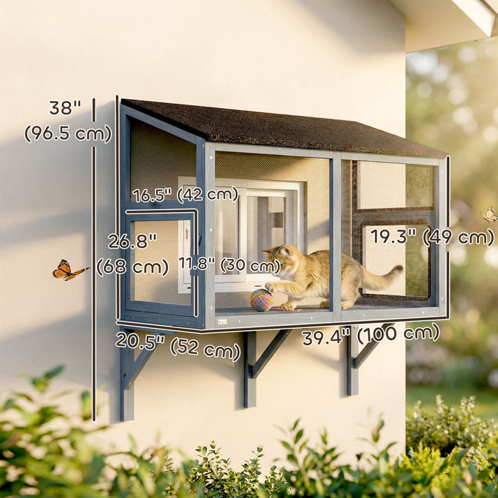 PawHut Bug Proof Window Cat Catio, Outdoor Cat House w/ Metal Mesh, Outdoor Enclosure for Indoor Pet, Expandable Safe Window Perch for Sunbathing, Napping & Overlooking, 39.4\"L