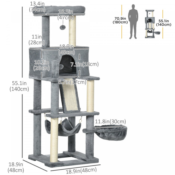 Pawhut 55\" Cat Tree For Indoor Cats, Cat Tower, Kitty Activity Center With Cat Bed Ramp Condo Hammocks Hanging Ball Toys Sisal Rope Scratching Post, Grey