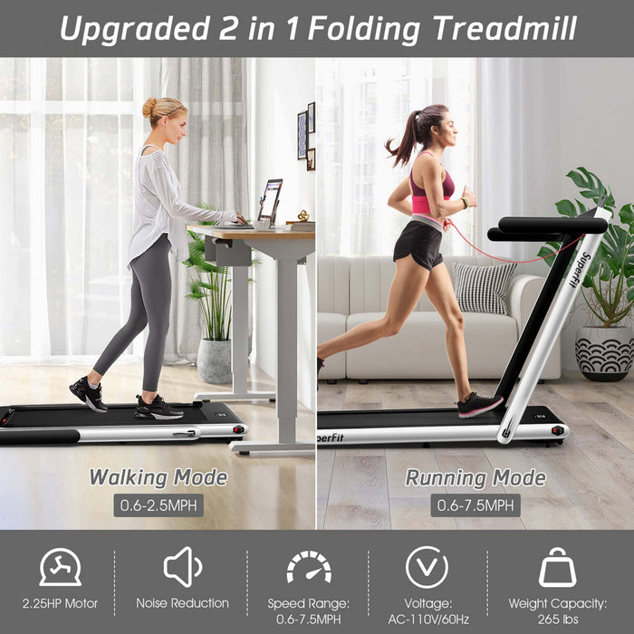 Superfit 2.25hp 2 In 1 Dual Display Folding Treadmill Jogging Machine W/app Control White