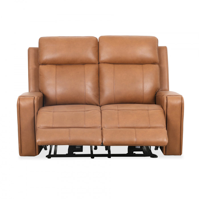 Bellamy 58 in. Leather Match Power Reclining Loveseat with Adjustable Headrest and USB - Cognac