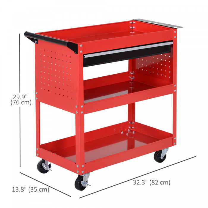Homcom Rolling Tool Cart With Wheels Storage Trays For Garage Warehouse Red