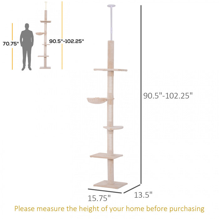 Pawhut 8.5ft Cat Climbing Tree 5-tier Kitty Activity Center Floor-to-ceiling Cat Climber Toy With Scratching Post Play Rest Post Pet Furniture Beige