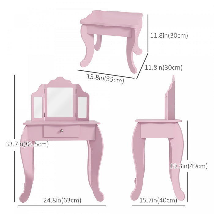 Qaba Kids Vanity Table And Stool, Makeup Vanity Girls Dressing Table Set With Tri-folding Mirrors Drawer Star And Heart Pattern, Pink