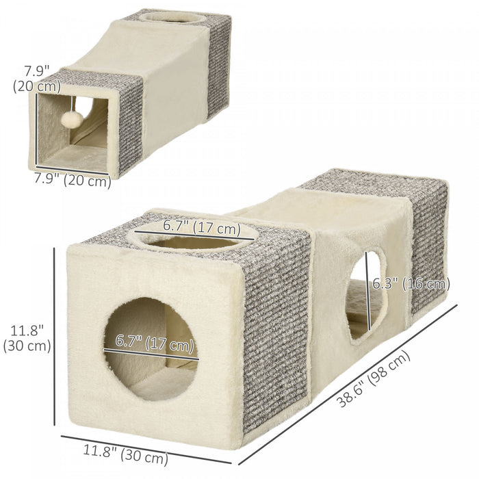 Pawhut 39\" Long Cat Tunnel With Hanging Ball, Plush Catio Outdoor Cat Enclosure With Two Caves, Cream White