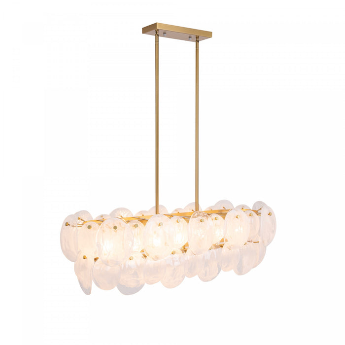Lily 7 Light Island Light, Brushed Brass With Wispy White Murano Style Glass