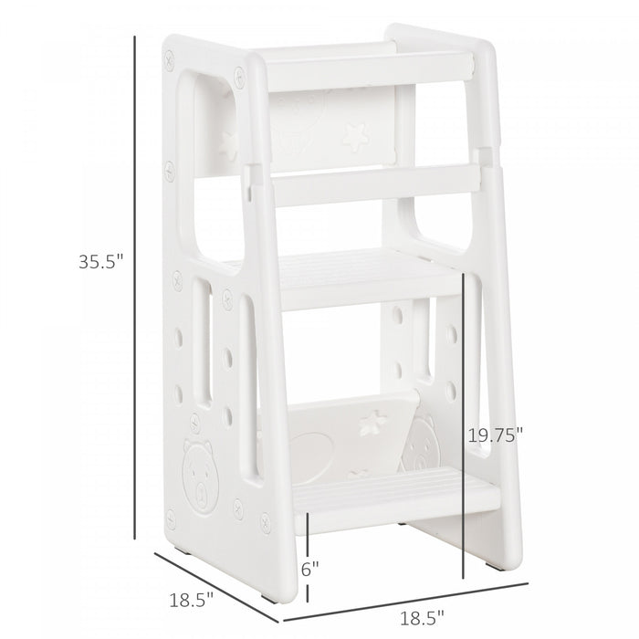 Qaba Toddler Kitchen Helper 2 Step Stool With Adjustable Height Platform And Safety Rail, White