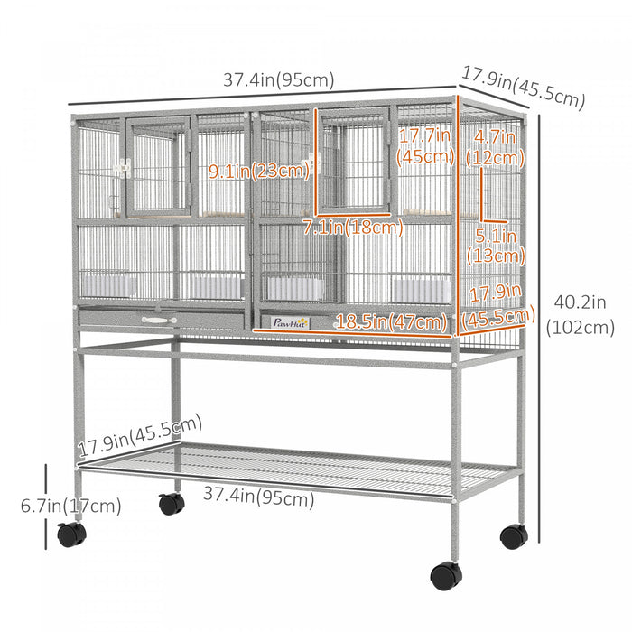 Pawhut 40\"h Divided Breeder Bird Cage With Rolling Stand Removable Metal Tray, Storage Shelf, Wood Perch, And Food Container, Light Grey
