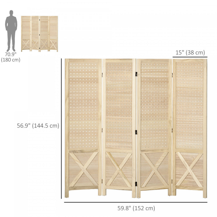HOMCOM 4.7' 4 Panel Room Divider with Pegboard Display for Indoor